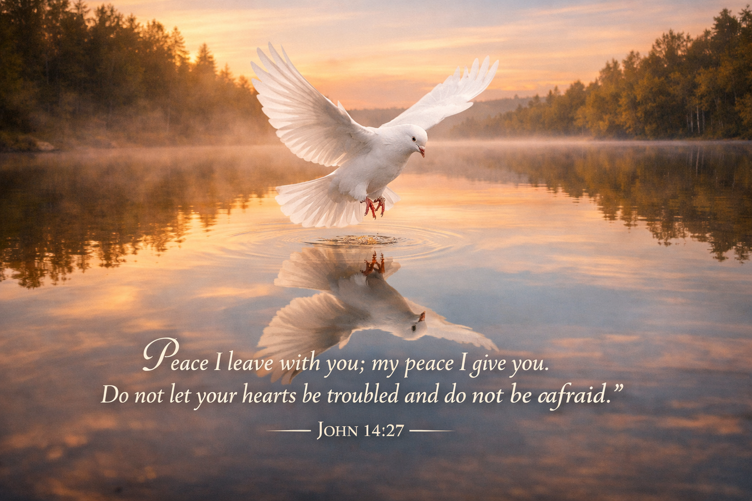 Bible verse wallpaper John 14:27 with white dove flying over glassy still lake at dawn with perfect reflection